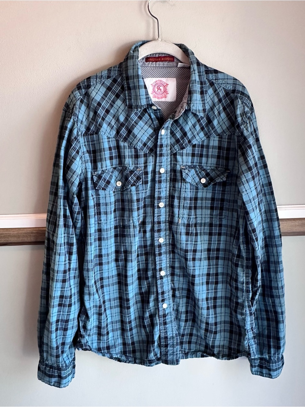 Christian Audigier Blue Plaid Long Sleeve Western Button Front Shirt